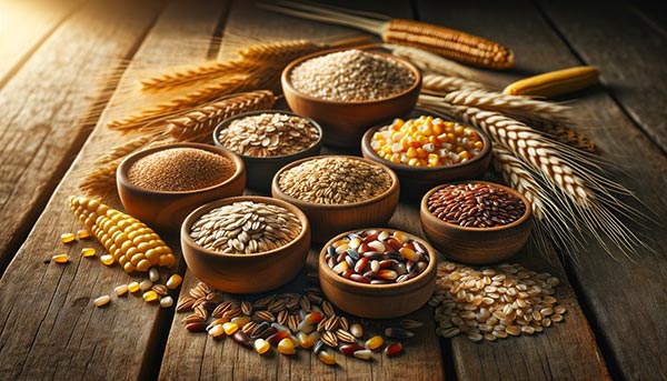 Sélection de céréales complètes (blé, orge, seigle, avoine, millet, maïs, riz brun) exposées sur une table en bois rustique. Ces aliments énergétiques, sont recommandés pour un apport énergétique stable et une libération lente des glucides complexes.