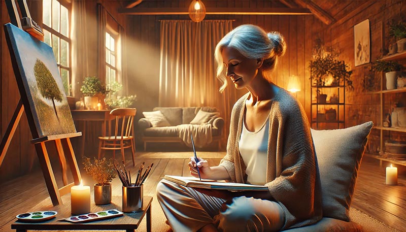 Femme de 50 ans, sereine et concentrée, confortablement installée dans son salon chaleureux, pratiquant la peinture. Cette activité apaisante lui permet d'éviter l'alimentation émotionnelle.