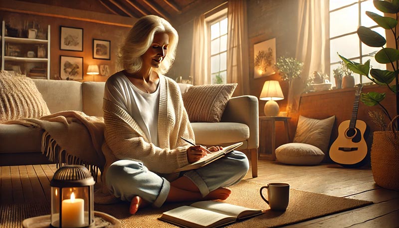 Femme de 5( ou 60 ans assise sereinement dans un salon chaleureux, cultivant l'amour de soi en écrivant dans son journal pour une relation saine avec ses émotions. En se reconnectant à soi-même, on peux parvenir à arrêter de manger ses émotions.