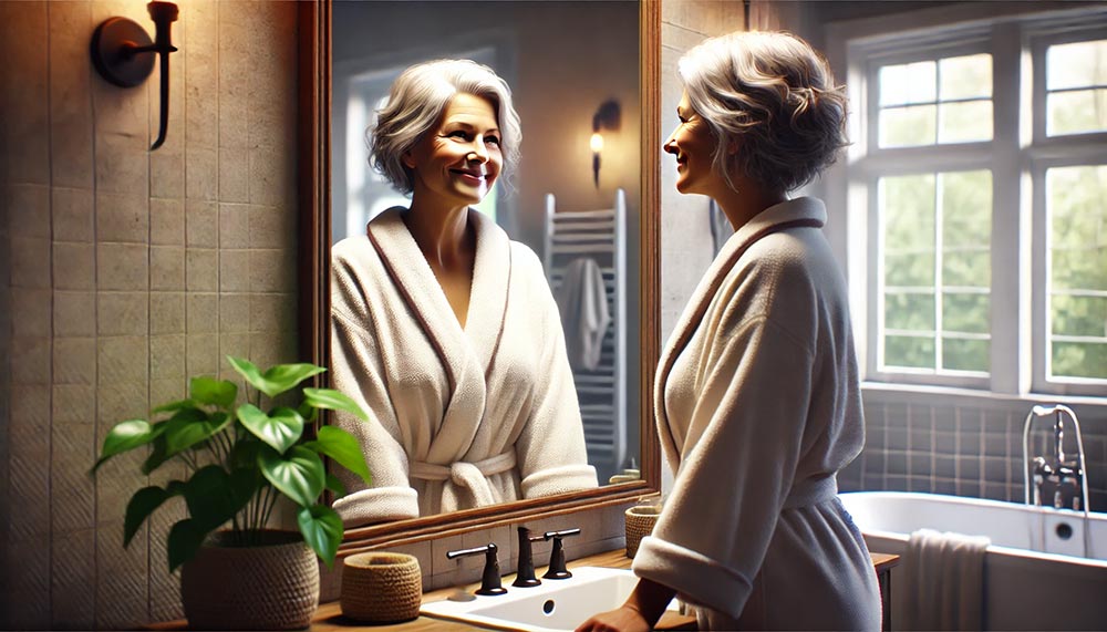 Femme de 55 ans en peignoir, se regardant dans le miroir de sa salle de bain chaleureuse avec un sourire bienveillant, symbole d’amour-propre et de motivation retrouvée.