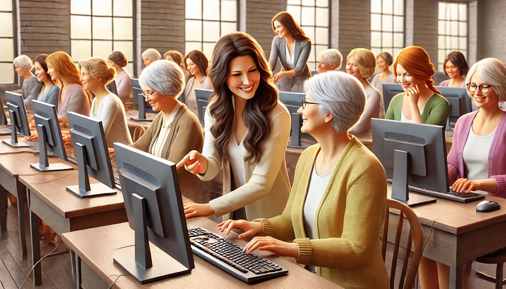 Femmes de 35 à 55 ans dans une salle de formation, échangeant et travaillant sur leurs ordinateurs, dans une ambiance chaleureuse et inspirante, propice à l’apprentissage et à la curiosité.