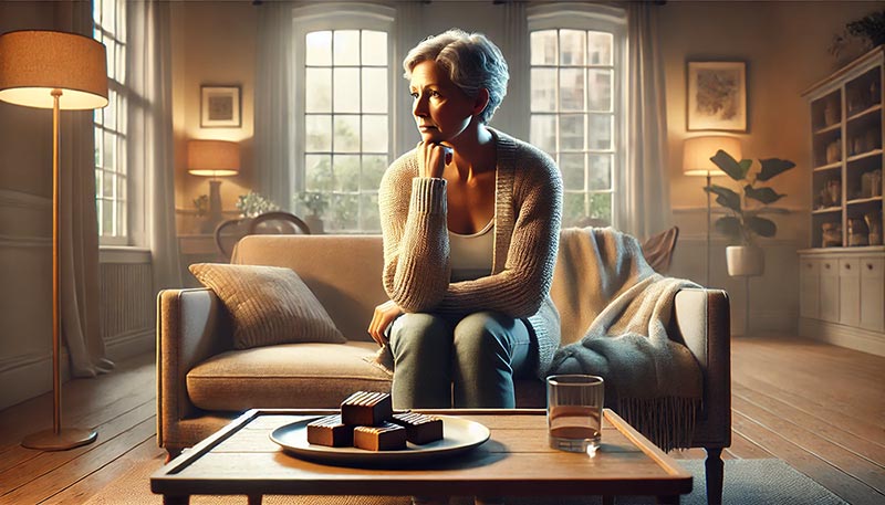 Femme de 50 ans, pensive dans un salon chaleureux, contemplant une petite assiette de pâtisseries au chocolat, illustrant le défi de la dépendance alimentaire émotionnelle. Arrêter de manger ses émotions est un défis de tous les jours.