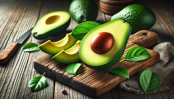 Avocat frais coupé en deux sur une table en bois rustique, offrant des acides gras sains, des fibres, et des vitamines essentielles pour maintenir l’énergie et stimuler le métabolisme naturellement.