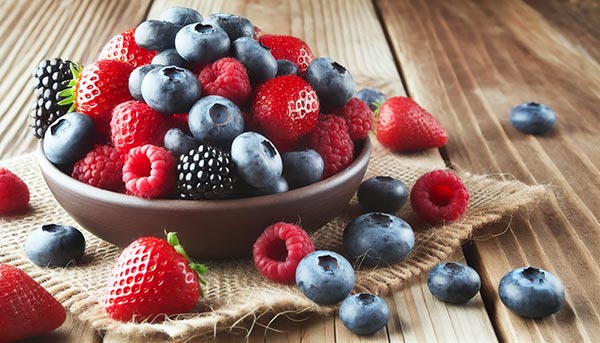 Bol de baies fraîches, incluant myrtilles, framboises et fraises. Ces aliments énergétiques sont riches en antioxydants et vitamine C, idéales pour une énergie immédiate et un soutien de l'endurance.