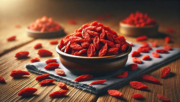 Un bol de baies de goji séchées, riches en vitamines et antioxydants, parfaites pour une énergie immédiate et un renforcement naturel de l’endurance et de la vitalité.