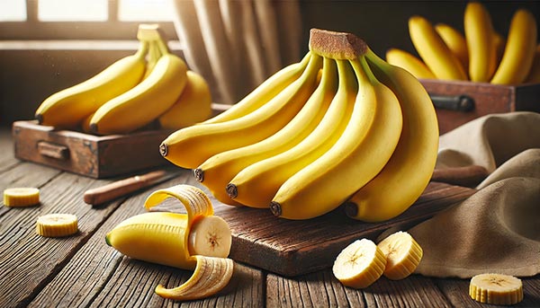Des bananes fraîches et éclatantes sur une table en bois rustique, riches en potassium et glucides naturels, idéales pour un apport énergétique rapide et stable, parfaites pour soutenir l’effort et maintenir l’endurance.