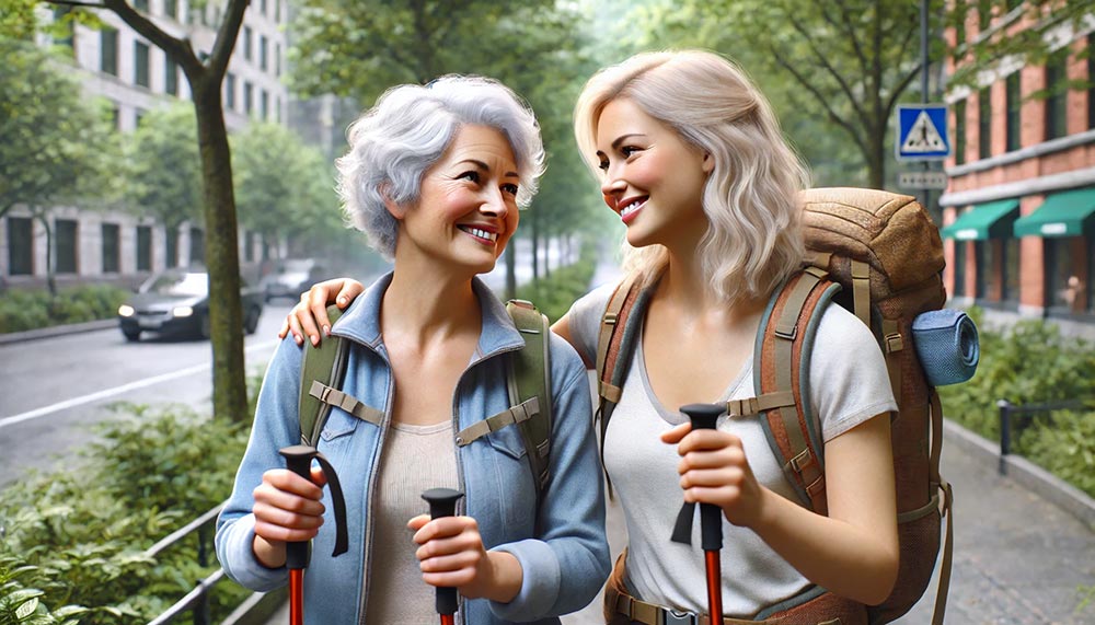 Une femme de 70 ans avec sa fille de 50 ans, toutes deux en tenue de randonnée avec des bâtons de marche, marchent ensemble dans un parc. Elles se regardent en souriant, symbolisant le plaisir et le bien-être que procure la marche nordique.