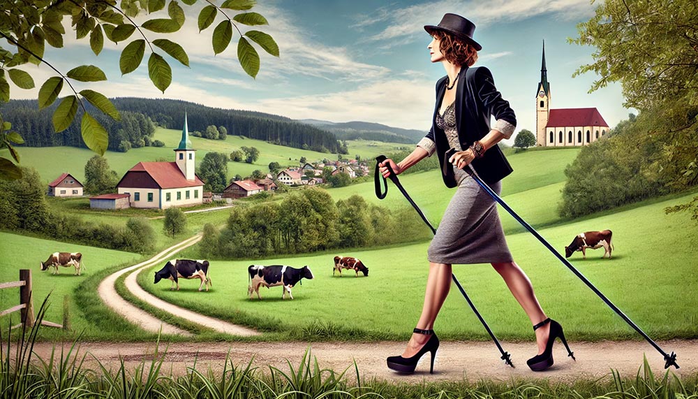 Femme de 40 ans en tenue de ville avec des talons hauts, faisant de la randonnée sur un chemin de campagne et utilisant des bâtons de marche nordique. Le paysage montre un village lointain et des vaches dans le pré.