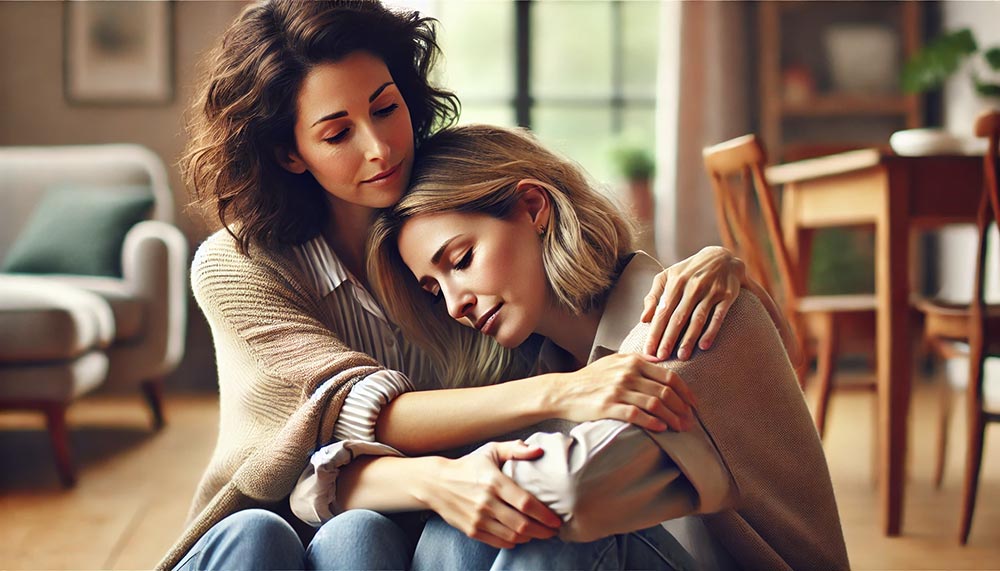 Deux femmes entre 40 et 50 ans, l'une brune et l'autre blonde, s'enlaçant pour se réconforter.