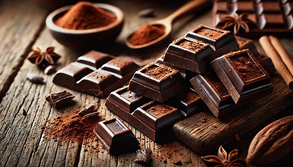 Morceaux de chocolat noir et poudre de cacao sur une surface en bois, riches en antioxydants et en théobromine, parfaits pour stimuler l’énergie mentale et soutenir la concentration.