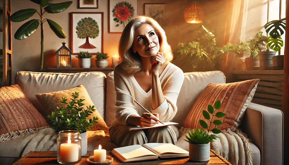 Femme de 55 ans, assise dans un salon chaleureux avec plantes et bougie, écrivant dans un carnet pour clarifier ses objectifs de vie.