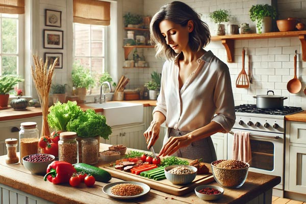 Femme d'une cinquantaine d'années préparant un repas équilibré dans une cuisine lumineuse, illustrant comment lutter contre la fatigue grâce à une alimentation saine et des aliments à faible indice glycémique.