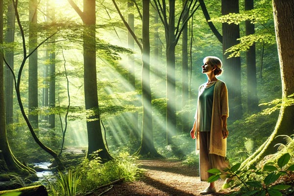 Une femme d'environ soixante ans profitant d'une promenade apaisante dans une forêt, incarnant la pratique japonaise du bain de forêt (Shinrin Yoku). Cette immersion dans la nature favorise la réduction du stress et stimule le bien-être.