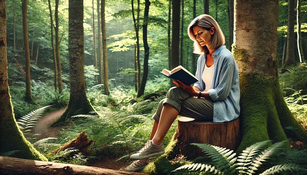 Une femme d'environ cinquante-cinq ans assise sur un tronc d'arbre dans une forêt, en train de lire un livre. Cette image illustre l'importance de prendre du temps dans la nature pour améliorer son bien-être et lutter contre la fatigue.