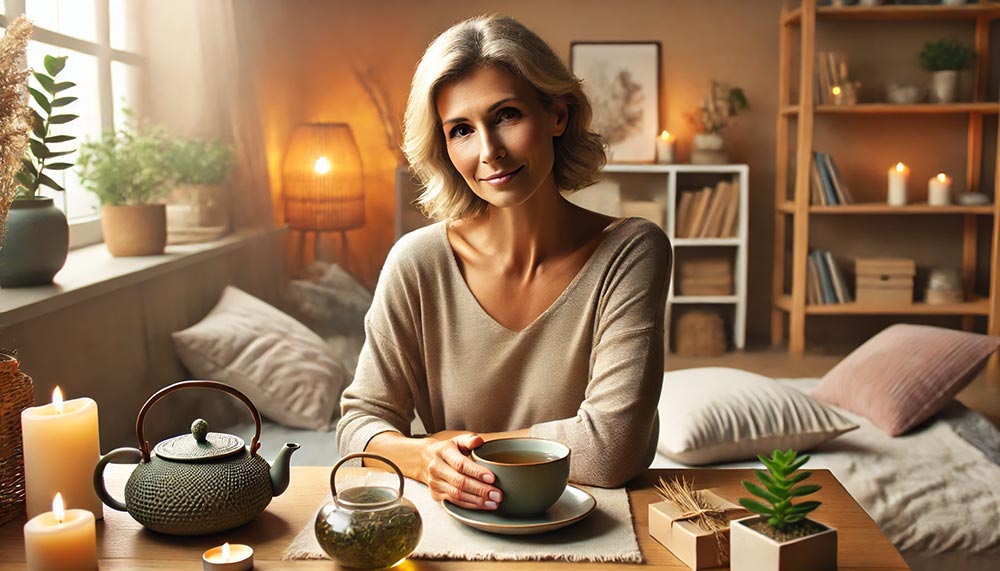 Femme de la quarantaine profitant d'un moment de calme pour savourer une tasse de thé dans son salon, illustrant comment lutter contre la fatigue à travers des solutions simples pour retrouver son énergie quotidienne.