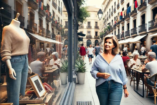 Une femme d'environ 55 ans, avec un léger embonpoint, se promenant dans une rue animée, flânant devant les vitrines de boutiques de vêtements. En arrière-plan, des gens savourent des repas à la terrasse des restaurants, symbolisant l'équilibre entre plaisir et santé.