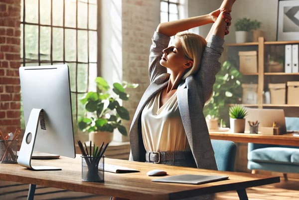 Femme d'une quarantaine d'année dans son bureau, prenant une pause en s'étirant pour maintenir son énergie mentale. Elle illustre l'importance des pauses au travail pour lutter contre la fatigue.
