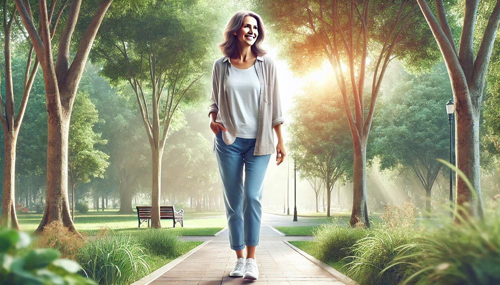 Femme marchant dans un parc, illustrant la sérénité et la vitalité retrouvée après avoir suivi des conseils pour lutter contre la fatigue.