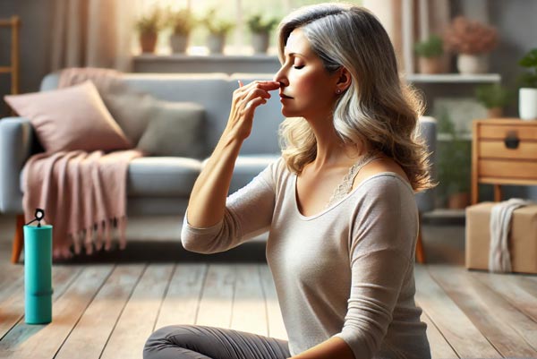Une femme d'environ cinquante ans, avec un léger embonpoint, se posant la question de comment lutter contre la fatigue et pratiquant la respiration alternée (Nadi Shodhana). Assise sur le tapis de son salon, elle respire en appuyant sur sa narine droite dans un environnement serein. Cette technique aide à réduire le stress et à mieux lutter contre la fatigue.
