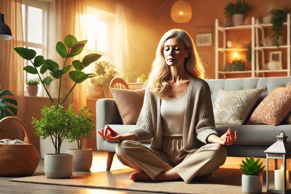 Une femme de cinquante ans assise sur un tapi dans son salon confortable, pratiquant la pleine conscience et la méditation dans un intérieur apaisant. Cette image illustre l'importance de gérer le stress pour maintenir son énergie et son bien-être, en lien avec les conseils sur comment lutter contre la fatigue.