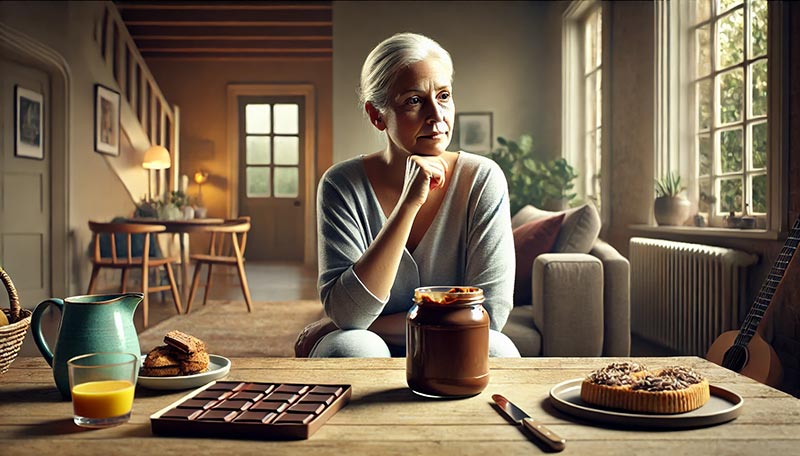 Femme de 55 ans en léger surpoids, pensive devant un pot de pâte à tartiner au chocolat et des pâtisseries, les déclencheurs de l'alimentation émotionnelle. Cesser de manger ses émotions sans stress est un combat du quotidien.