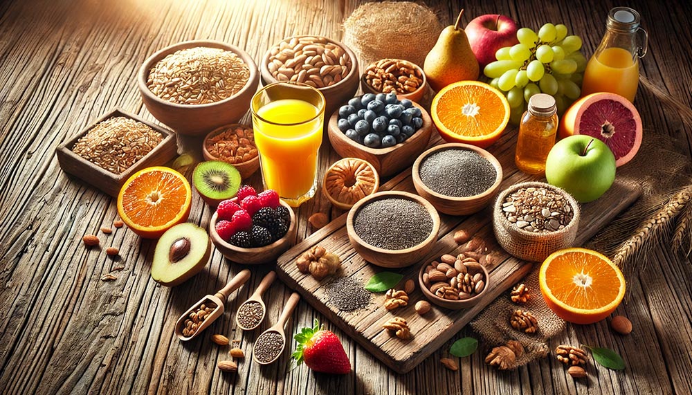 Sélection d’aliments énergétiques, incluant grains entiers, fruits frais, noix, graines de chia, et un verre de jus d’orange, tous disposés sur une table en bois, symbolisant un bien-être naturel et une énergie renouvelée pour le corps et l’esprit.