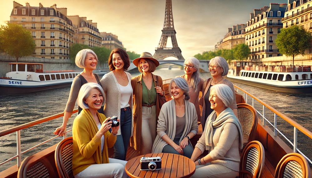 Groupe de femmes de 45 à 60 ans discutant et souriant sur un bateau-mouche à Paris, avec la Tour Eiffel en arrière-plan, retrouvant la motivation dans un moment convivial.