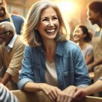Femme de 50 ans participant à une activité bénévole , entourée d’un groupe diversifié, symbolisant la motivation, le partage et la satisfaction de faire du bénévolat.