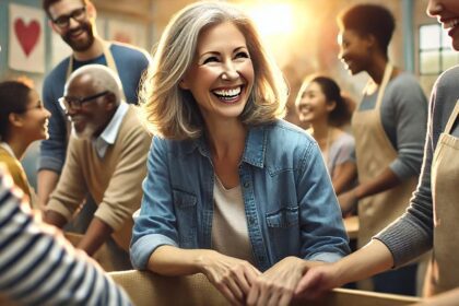 Femme de 50 ans participant à une activité bénévole , entourée d’un groupe diversifié, symbolisant la motivation, le partage et la satisfaction de faire du bénévolat.