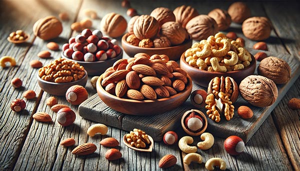 Variété de fruits à coque (amandes, noix, noisettes, noix de cajou) sur une surface en bois rustique, riches en graisses saines et en protéines pour un apport stable en énergie et une vitalité renforcée.