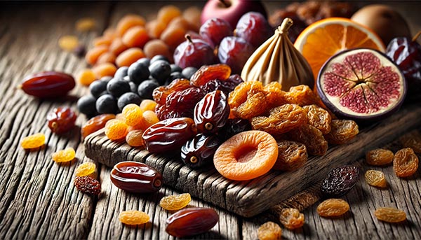 Assortiment de fruits secs, comprenant dattes, figues, raisins et abricots, riches en sucres naturels et fibres. Des aliments énergétiques parfaits pour un boost d’énergie rapide et stable en cas de baisse de vitalité.