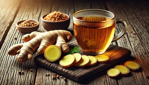 Racine de gingembre frais coupée et infusion de gingembre, offrant des propriétés stimulantes pour la circulation et un boost d’énergie naturelle, parfait pour combattre la fatigue et revitaliser le corps.