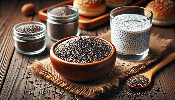 Petit bol de graines de chia et verre de pudding de chia, riches en fibres, oméga-3 et protéines, idéales pour favoriser la satiété et maintenir une énergie stable.