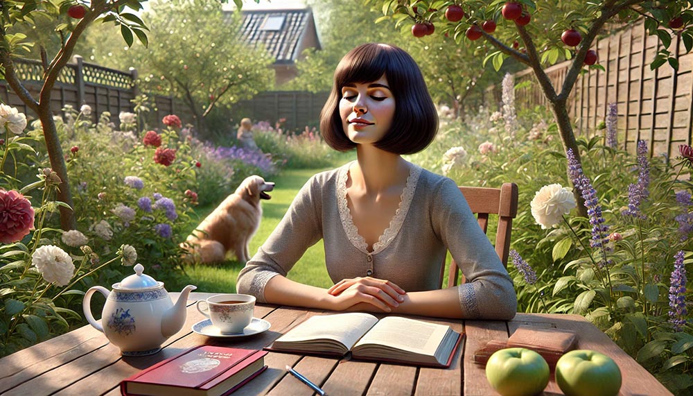 Femme brune de 45 ans, souriante, assise dans un jardin ensoleillé et fleuri, respirant profondément pour se recentrer, entourée d’un carnet, d’un livre et d’une tasse de thé.