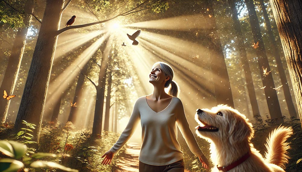 Femme de 45 ans souriante, se promenant en forêt avec son chien, visualisant la vie qu’elle souhaite atteindre sous des rayons de soleil traversant les arbres.