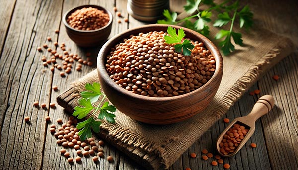 Bol de lentilles cuites, garnies de quelques herbes fraîches, offrant des protéines végétales et du fer pour une énergie stable, parfaites pour des repas nutritifs et équilibrés.