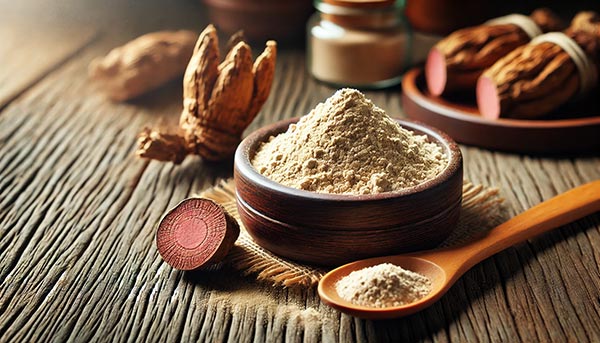 Poudre de maca dans un bol et racine séchée, riche en nutriments comme le fer, calcium, et magnésium, offrant un soutien adaptogène pour combattre la fatigue et améliorer l’endurance mentale et physique.
