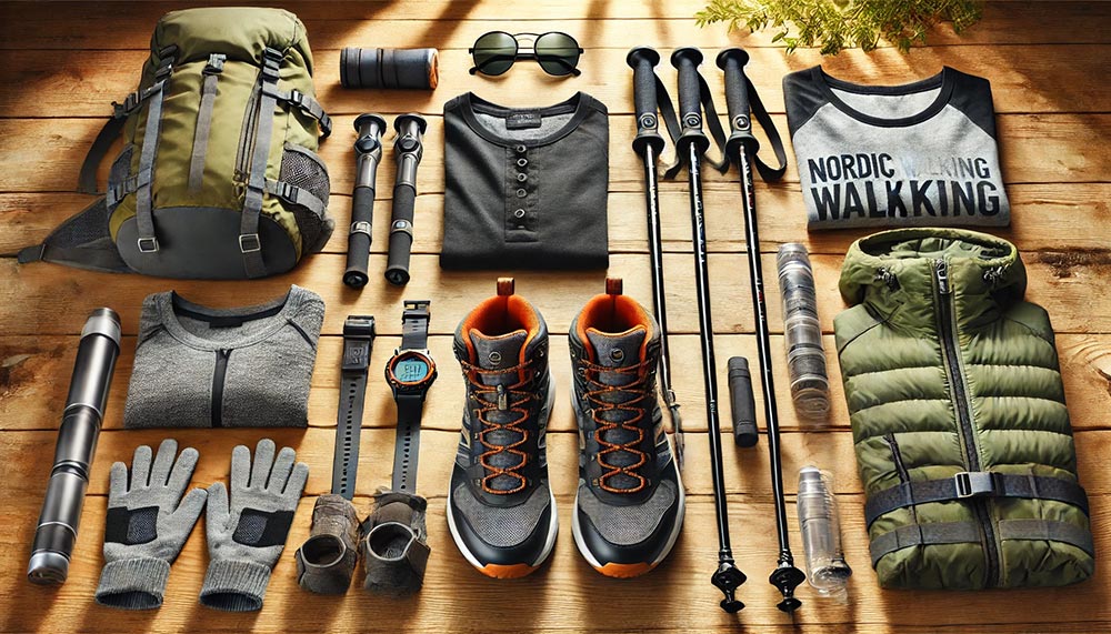 Matériel pour la marche nordique, incluant des bâtons, des chaussures légères, des vêtements respirants, un sac à dos, des lunettes de soleil, une crème solaire, des gants, et une montre GPS. Ces équipements complémentaires améliorent le confort et l'efficacité des séances.