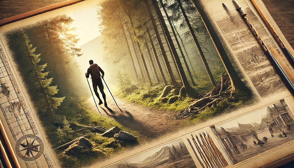 Image dans un livre d'histoire, d'une personne pratiquant la marche nordique avec des bâtons dans un paysage naturel finlandais. La marche nordique, développée à partir des années 1930, est devenue une activité complète pour la santé et l'endurance.