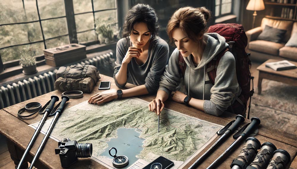 Deux femmes d'environ 45 ans, l'une brune et l'autre blonde, planifient leur randonnée. Elles regardent une carte sur une table avec une boussole, un smartphone, et des équipements de randonnée. 