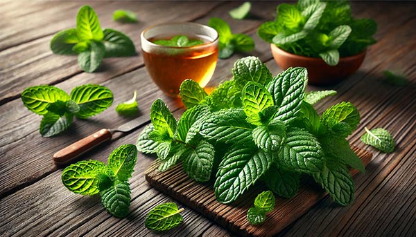 Feuilles de menthe poivrée fraîche et tasse d'infusion, offrant un effet stimulant naturel pour une clarté mentale immédiate et une sensation de fraîcheur revitalisante.