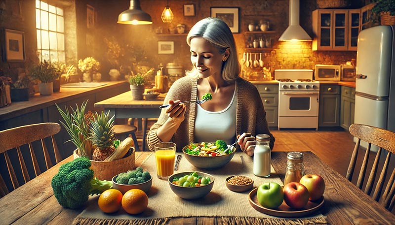 Femme d'environ 50 ou 55 ans savourant un repas sain dans sa cuisine chaleureuse, pratiquant l’alimentation en pleine conscience.