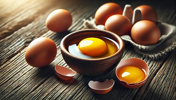 Bol d'œufs frais avec quelques œufs cassés révélant leurs jaunes vibrants, riches en protéines et vitamines essentielles, parfaits pour une énergie constante et une récupération musculaire optimale.