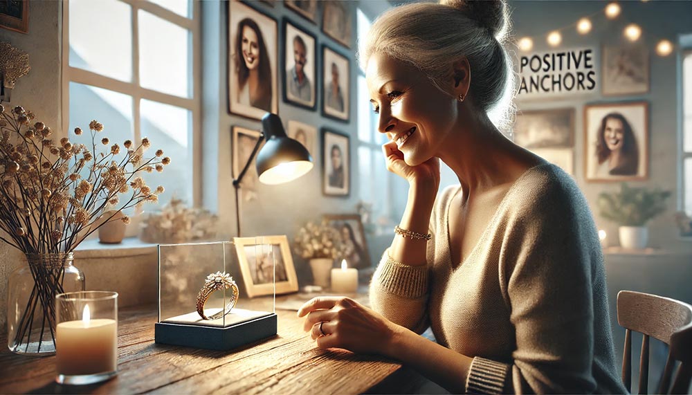 Femme de 50 ans assise à un bureau, regardant un bijou avec un grand sourire, entourée de citations positives et de photos, illustrant l'importance des ancrages pour penser positivement.