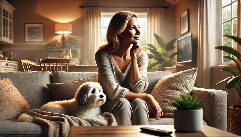 Femme de 45 à 50 ans assise dans son salon, regardant par la fenêtre avec son chien et son chat à ses côtés, symbolisant la sérénité et l'importance de se concentrer sur son propre chemin pour éviter la comparaison avec les autres.