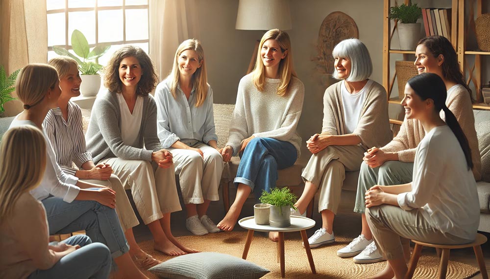 Groupe de femmes de 45 à 60 ans avec le sourire, réunies dans un salon chaleureux. Elles partagent ensemble un moment de convivialité authentique et positif.