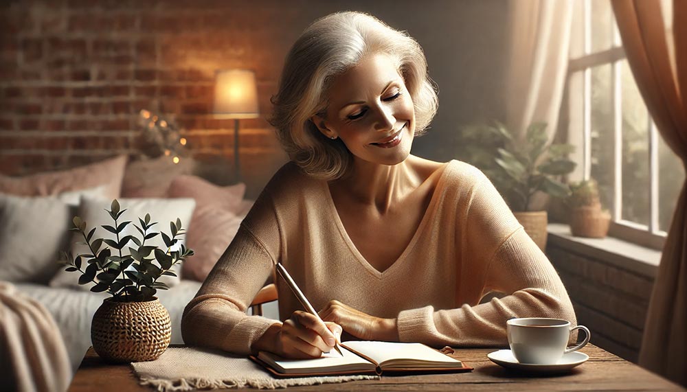 Femme de 50 ou 55 ans écrivant dans son journal de gratitude pour penser positivement et réduire le stress.