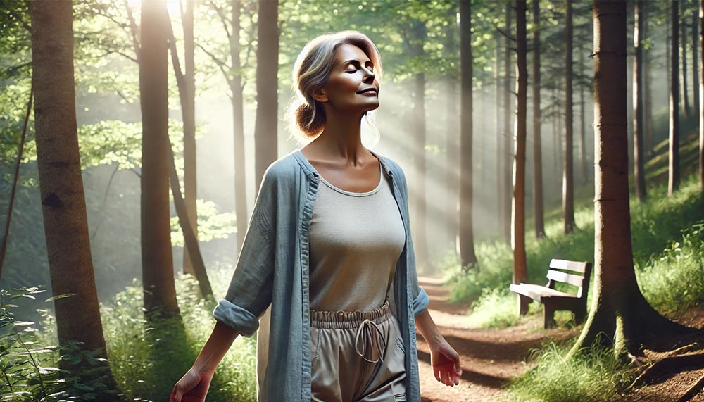 Femme de 50 ans marchant les yeux fermés dans une forêt, respirant profondément et ressentant la sérénité de la nature pour encourager une pensée positive.