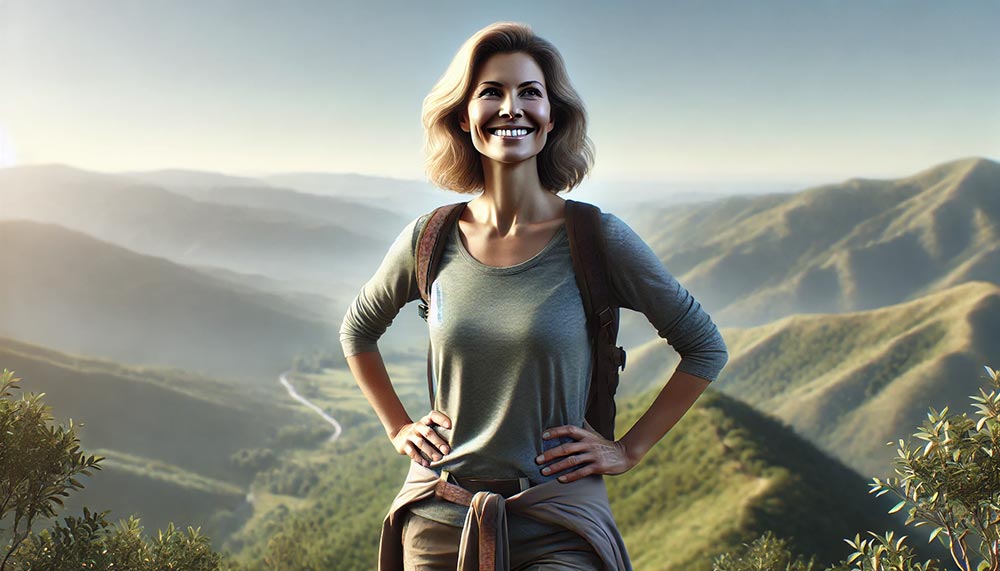 Femme de 50 ans satisfaite d'avoir gravi une colline, célébrant son accomplissement avec une vue dégagée sur les autres collines et la nature.