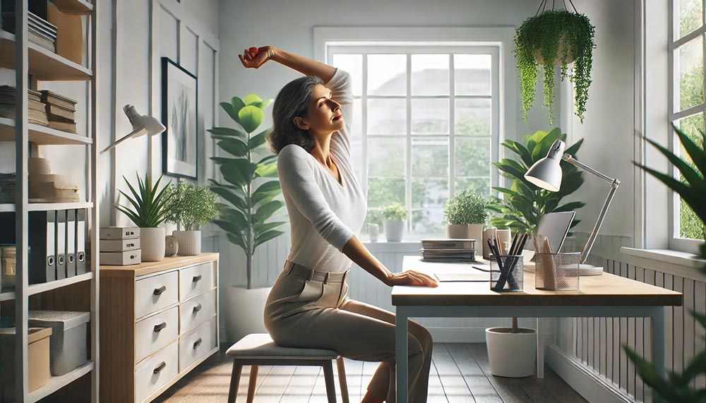 Femme d'environ 45 ans ou 50 ans assise devant son ordinateur à son bureau organisé et lumineux. Elle prend une pause pour s'étirer, illustrant l'importance de prendre soin de son environnement mental.